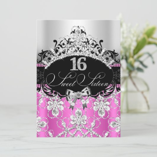 16 roze zilver Sparkle Tiara Birthday Invite Kaart (Staand voorkant)