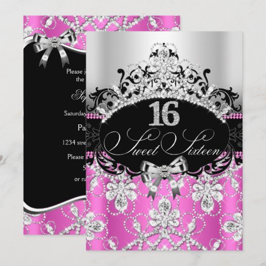 16 roze zilver Sparkle Tiara Birthday Invite Kaart (Voorkant / Achterkant)