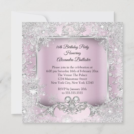 16 roze zilver Tiara Winter Wonderland Party Kaart (Achterkant)