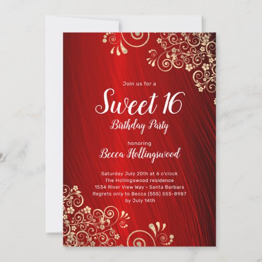 16 Ruby Red Gold Swirls Party Invitation Kaart (Voorkant)