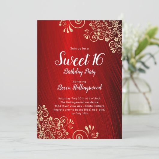 16 Ruby Red Gold Swirls Party Invitation Kaart (Staand voorkant)