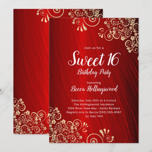 16 Ruby Red Gold Swirls Party Invitation Kaart (Voorkant / Achterkant)