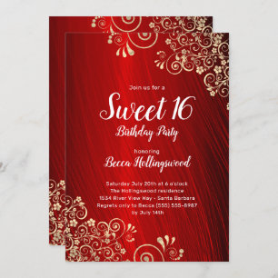 16 Ruby Red Gold Swirls Party Invitation Kaart