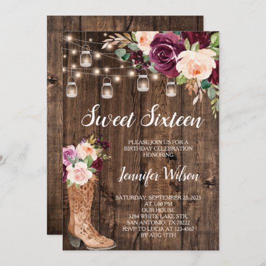 16 Rustic Boho Floral String Lights Invitati Kaart (Voorkant / Achterkant)