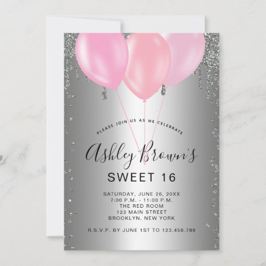 16 Silver Pink Glitter-ballonnen uitnodiging (Voorkant)