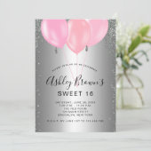 16 Silver Pink Glitter-ballonnen uitnodiging (Staand voorkant)
