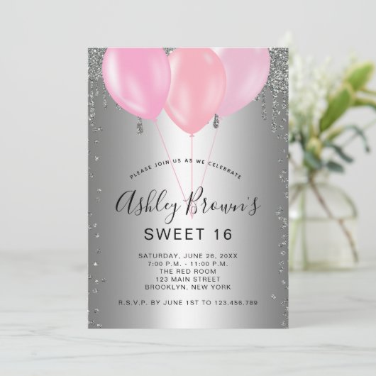 16 Silver Pink Glitter-ballonnen uitnodiging (Staand voorkant)