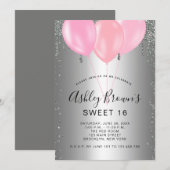 16 Silver Pink Glitter-ballonnen uitnodiging (Voorkant / Achterkant)