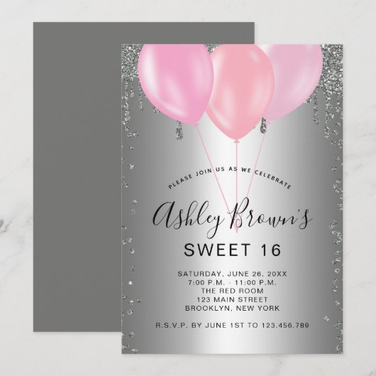 16 Silver Pink Glitter-ballonnen uitnodiging (Voorkant / Achterkant)