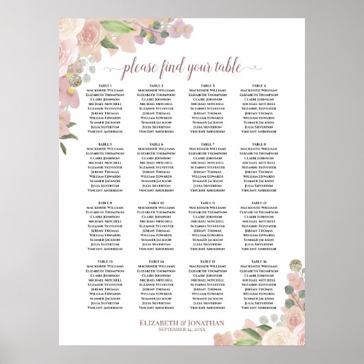 16 Tabel Boho Pink Floral Wedding Seating Chart Poster (Voorkant)