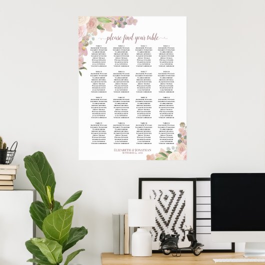 16 Tabel Boho Pink Floral Wedding Seating Chart Poster (Thuiskantoor)