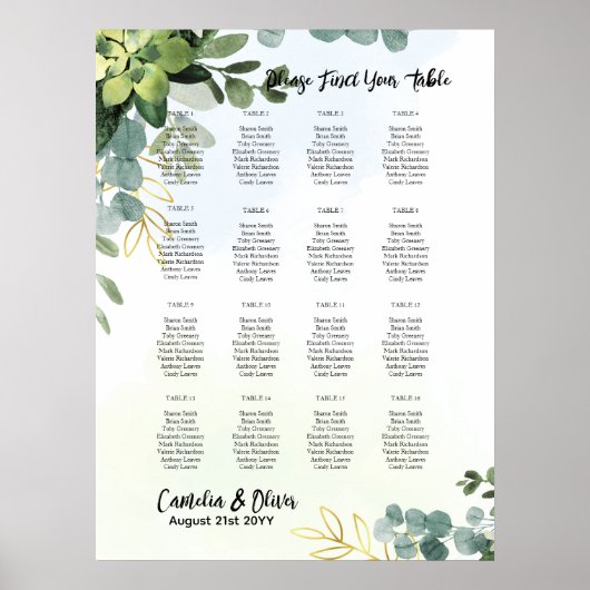 16 Tabel Greenery Eucalyptus FOTO Seating Chart Poster (Voorkant)