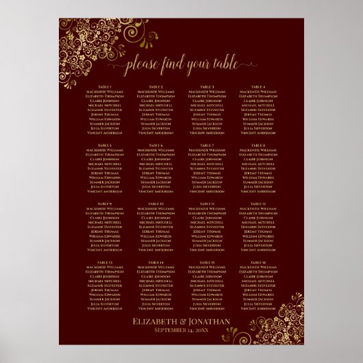 16 Tabel Lacy Gold Wedding Seating Chart Auburn Poster (Voorkant)