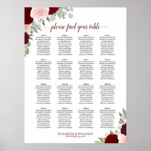 16 Tabel Rood en roze Floral Wedding Seating Chart Poster