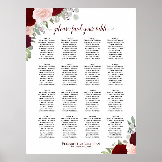 16 Tabel Rood en roze Floral Wedding Seating Chart Poster (Voorkant)