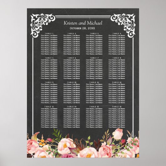 16 Tabellen Floral Chalkboard Wedding Seating Char Poster (Voorkant)