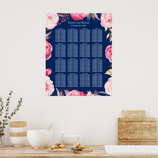 16 Tabellen Roze Floral Wreath Wedding Seating Cha Poster (Keuken)