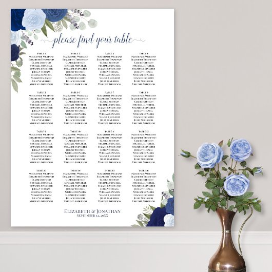 16 Tafel Blauw Boho Bloemige Trouwstoelindeling Poster