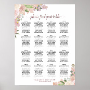 16 Tafel Boho Roze Bloemige Trouw Zittijd Chart Poster