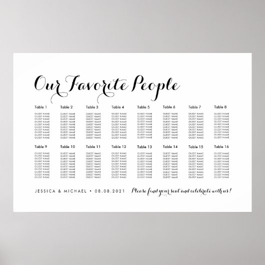 16 Tafel Elegante Trouwgast Stoelenkaart Poster (Voorkant)