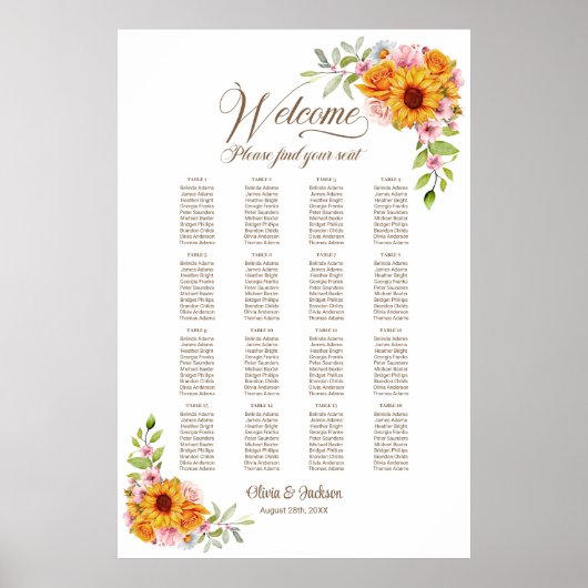 16 Tafel Geel Roze Bloemen Bruiloft Zittingkaart Poster (Voorkant)