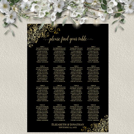 16 Tafel Gold Frills Wedding Seating Chart Black Poster
