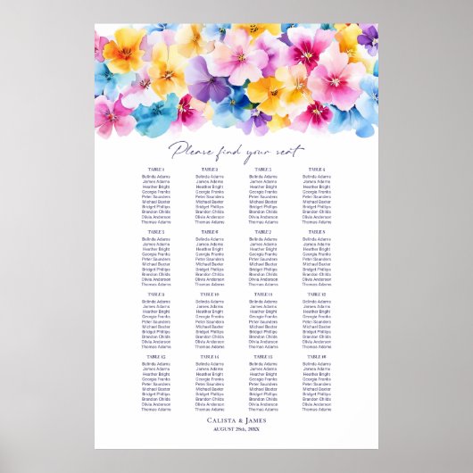 16 Tafel Kleurrijke Bloemen Trouwstoel Grafiek Poster (Voorkant)