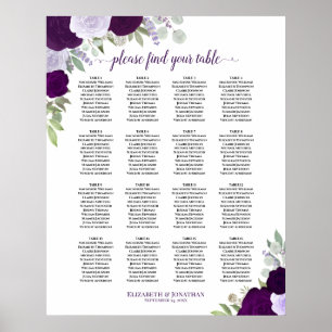 16 Tafel Paarse Boho Bloemen Bruiloft Zitkaarten Poster