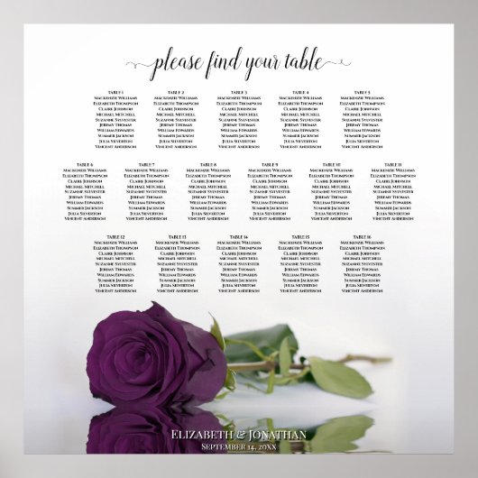 16 Tafel Plum Paars Roos Wedding Seating Chart Poster (Voorkant)