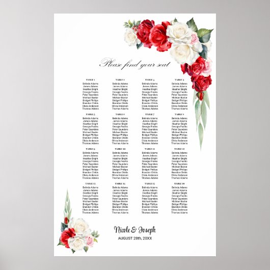 16 Tafel Rood Wit Rose Bloemen Zitting Grafiek Poster (Voorkant)