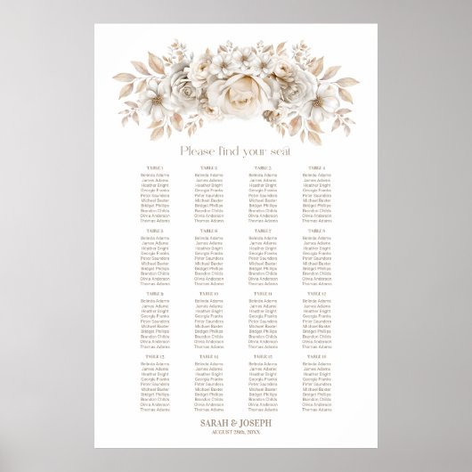 16 Tafel Wit Bloemen Bruiloft Zitkaarten Poster (Voorkant)