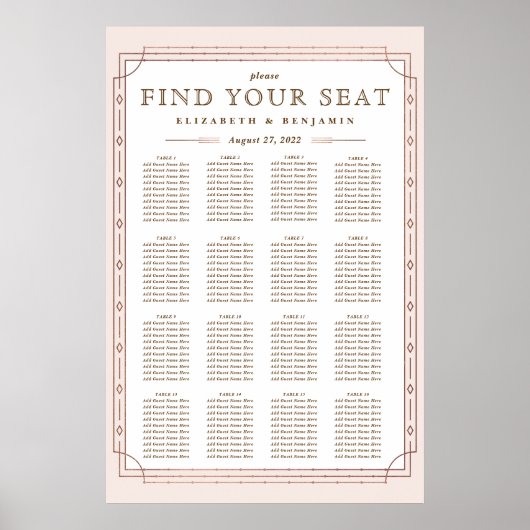 16 Tafels | Art Deco Roze Goud Folie Bruiloft Poster (Voorkant)