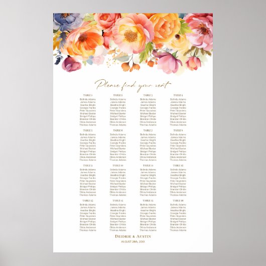 16 Tafelveer Bloemen Trouwstoel Grafiek Poster (Voorkant)