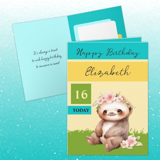 16 Today Sloth Voeg naam turquoise geel verjaardag Kaart