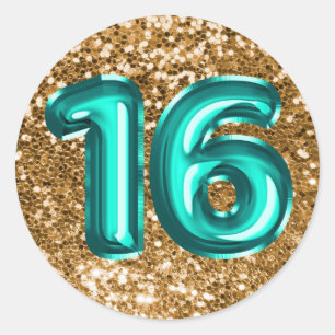 16 Turquoise Folieballonnen Glanzend Grote Gouden Ronde Sticker