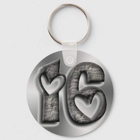 16 Typografie Rustic Silver Grey Number Sleutelhanger (Voorkant)