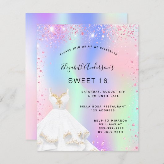 16 uitnodiging voor roze holografische kleding (Voorkant / Achterkant)