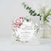 16 Verjaardag Glitterend Vierkant | Rozen Zilver Kaart (Staand voorkant)