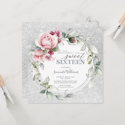 16 Verjaardag Glitterend Vierkant | Rozen Zilver Kaart (Voorkant / Achterkant in situ)