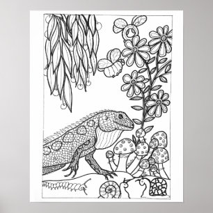 16"x 20" Hagedis met bloemen kleurplaat Poster