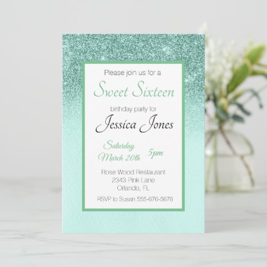 16 zestienjarige feestdag Mint Green Glitter Kaart (Staand voorkant)