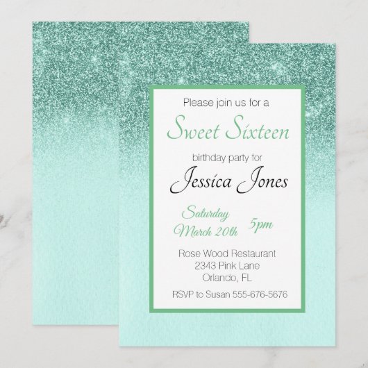 16 zestienjarige feestdag Mint Green Glitter Kaart (Voorkant / Achterkant)