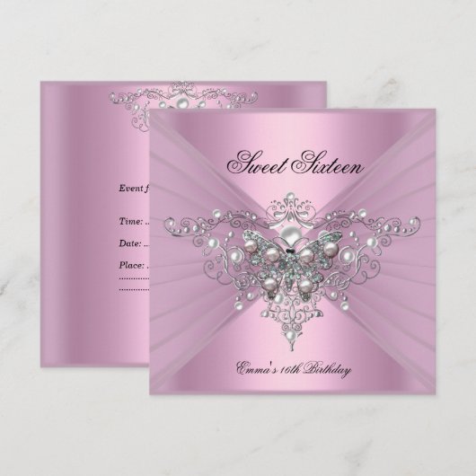 16 zestienjarige roze vlinder kaart (Voorkant / Achterkant)