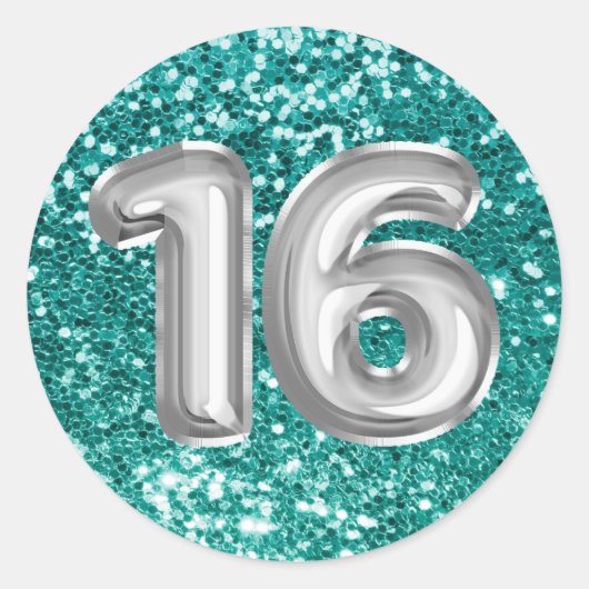 16 zilverfolie ballonnen Sparkly Blauwgroen Glitte Ronde Sticker (Voorkant)