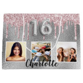 16 zilverroze glitter druppelt op fotonaam groot cadeauzakje (Voorkant)