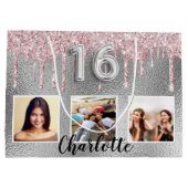 16 zilverroze glitter druppelt op fotonaam groot cadeauzakje (Achterkant)