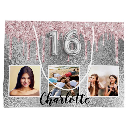16 zilverroze glitter druppelt op fotonaam groot cadeauzakje (Achterkant)