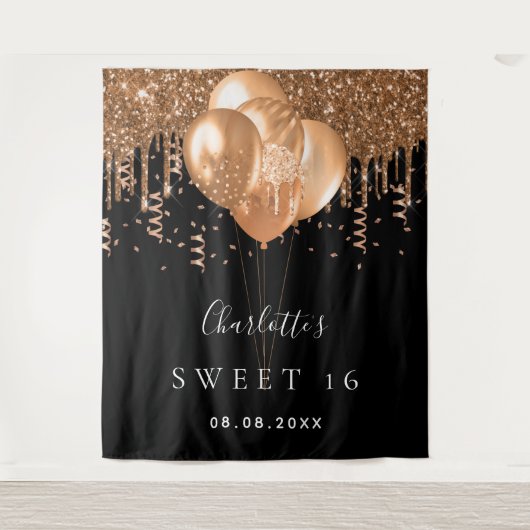 16 zwarte goudballonnen monogram 16e wandkleed (Voorkant)
