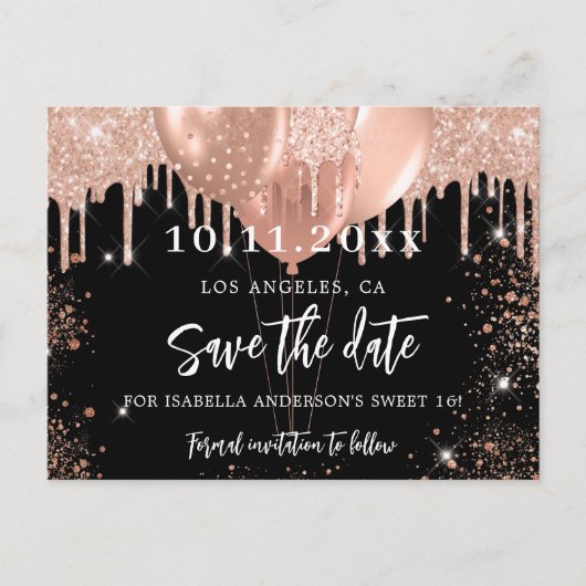 16 zwarte gouden ballonnen met roos sparen de datu aankondigingskaart (Voorkant)