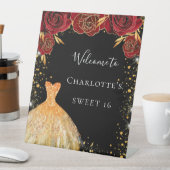 16 zwarte gouden jurk rood bloemwelkom reclamebord met voetstuk (Insitu)